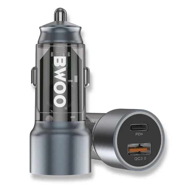 Bwoo Fast Car Charger, 43W USB-C Car charger 2 Ports Transparent